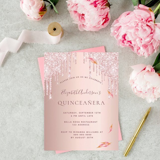 Fall Quincenera party rose gold glitter invitation Postcard (Creator Uploaded)