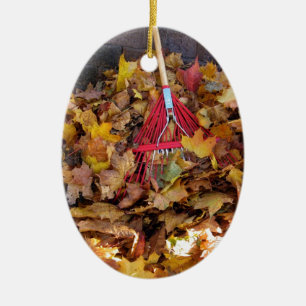 Fall - Raking the Leaf Harvest , Photograph Ceramic Tree Decoration