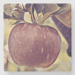 Fall red apple fruit and leaves watercolor stone coaster