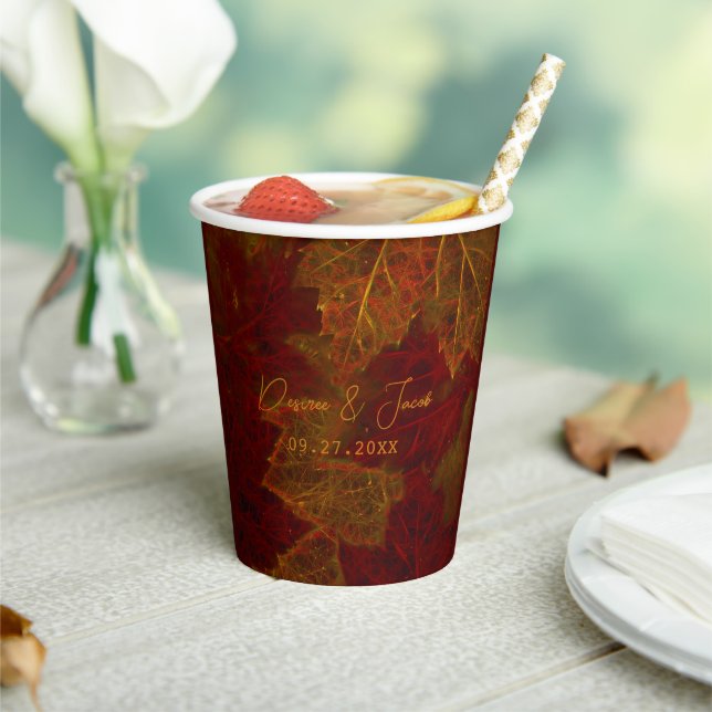 Fall Red Gold Rustic Elegant Maple Leaves Paper Cups (Insitu)