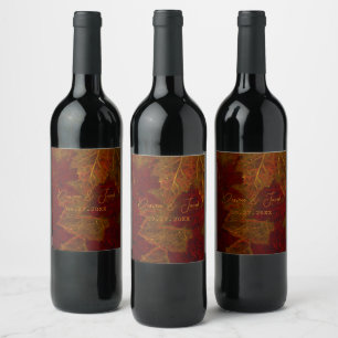 Fall Red Gold Rustic Elegant Maple Leaves Wine Label