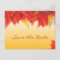 Fall red leaves wedding save the date postcards.