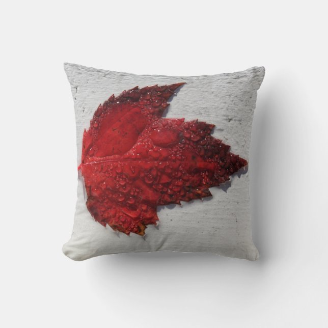 Fall Red Maple Leaf on White Wood Cushion (Front)
