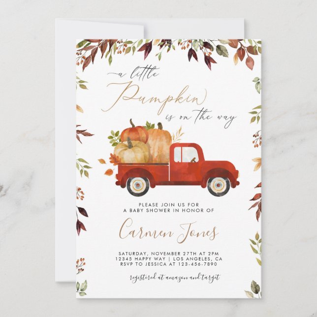 Fall Red Pumpkin Truck Baby Shower Invitation (Front)