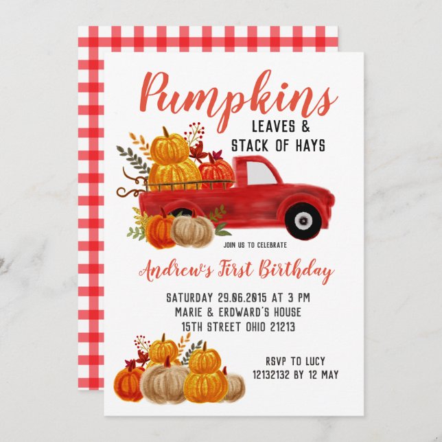Fall Red Truck Pumpkin Birthday invitation (Front/Back)