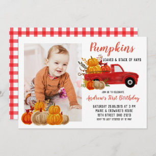 Fall Red Truck Pumpkin Birthday with photo Invitation