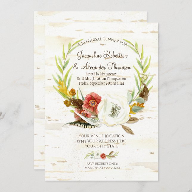 Fall Rehearsal Dinner Wreath Boho Feather Birch Invitation (Front/Back)