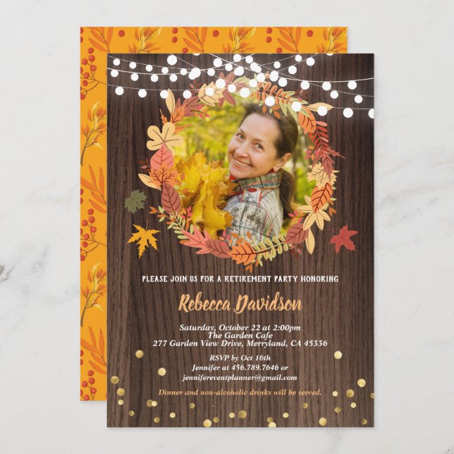 Fall retirement party thanksgiving rustic photo invitation (Front/Back)