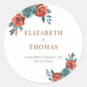 Fall Romantic Bold Teal Orange Elegant Wedding Classic Round Sticker