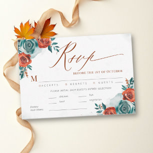 Fall Romantic Bold Teal Orange Meal Wedding RSVP Card