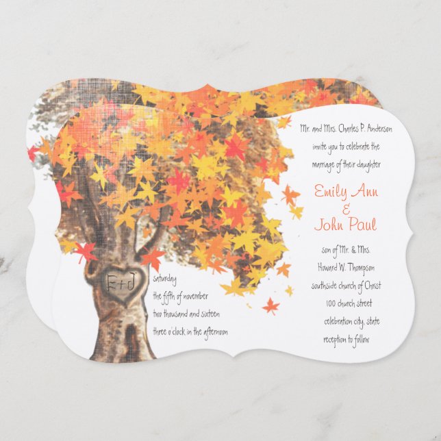 Fall Romantic Rustic Tree Orange Yellow Wedding Invitation (Front/Back)