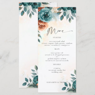 Fall Romantic Teal Burnt Orange Elegant Wedding Menu