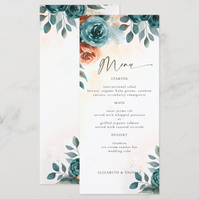 Fall Romantic Teal Burnt Orange Elegant Wedding Menu (Front/Back)