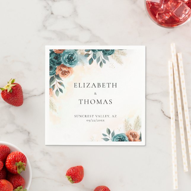 Fall Romantic Teal Burnt Orange Elegant Wedding Napkin (Insitu)