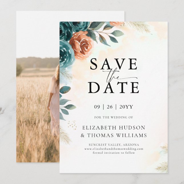 Fall Romantic Teal Burnt Orange Elegant Wedding Save The Date (Front/Back)