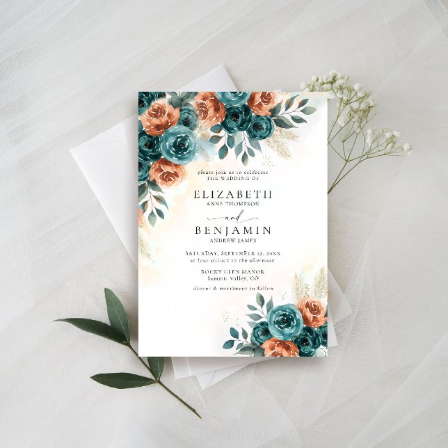 Fall Romantic Teal Burnt Orange Floral Wedding Invitation (fall wedding invitation teal burnt orange terracotta watercolor floral botanical earthy nature boho)