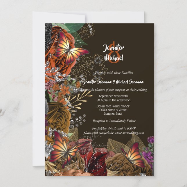 Fall rose autumn butterfly silver gold foliage invitation (Front)