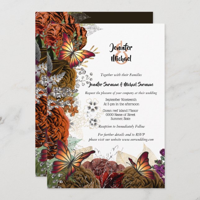 Fall rose autumn butterfly thanksgiving wedding invitation (Front/Back)
