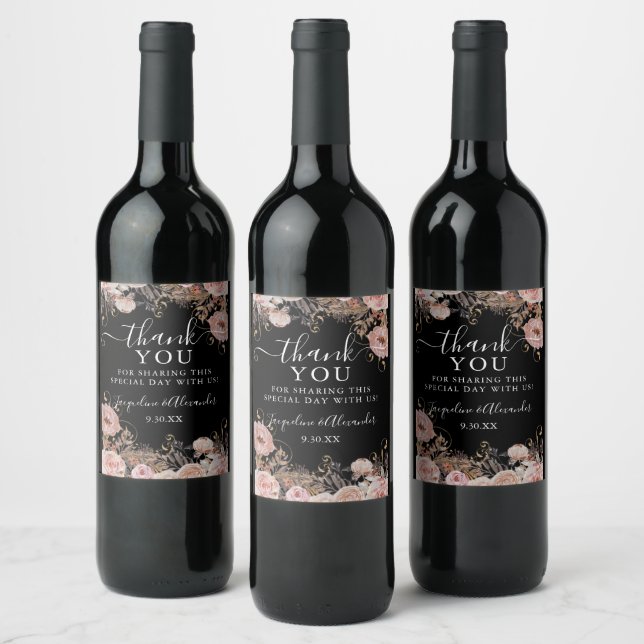 Fall Rose Gold Blush Pink Black Watercolor Wine Label (Bottles)