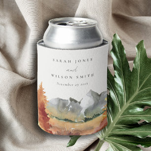 Fall Rust Orange Mountain Trees Foliage Wedding Can Cooler