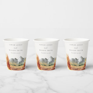 Fall Rust Orange Mountain Trees Foliage Wedding  Paper Cups