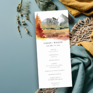Fall Rust Orange Mountain Trees Wedding Program Invitation