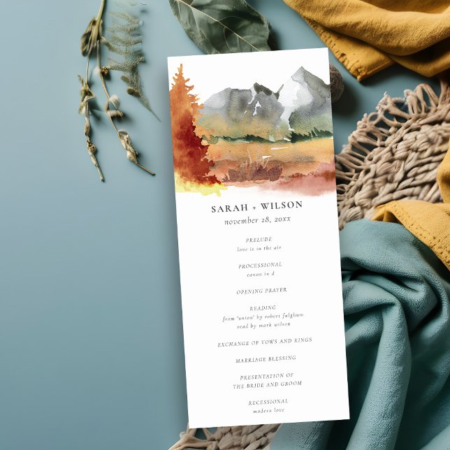 Fall Rust Orange Mountain Trees Wedding Program Invitation (Creator Uploaded)