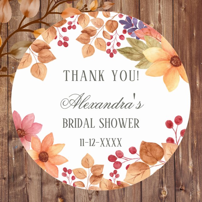Fall Rustic Autumn Bridal Shower Thank You  Classic Round Sticker (Creator Uploaded)