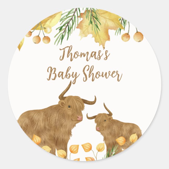 Fall Rustic Boho Highland Cow Baby Shower  Classic Round Sticker (Front)