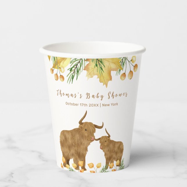Fall Rustic Boho Highland Cow Baby Shower  Paper Cups (Front)