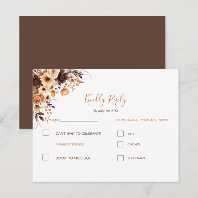 Fall Rustic Brown and Ivory Rose Country Wedding RSVP Card (Front/Back)