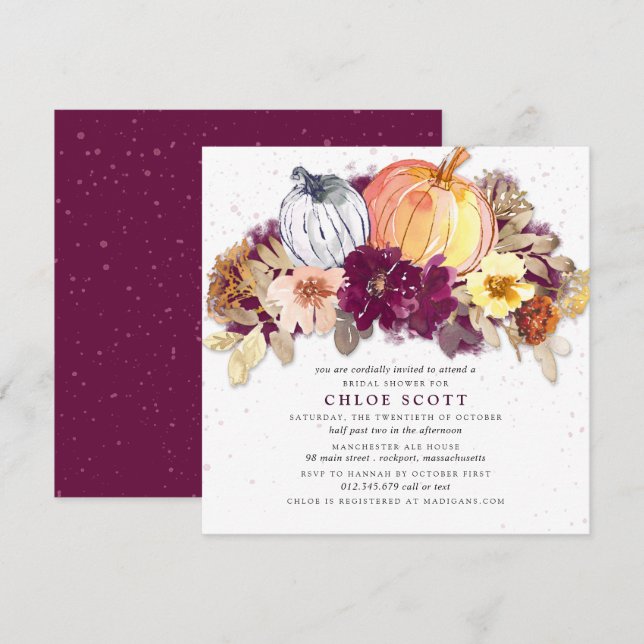 Fall Rustic Burgundy Floral Pumpkin Bridal Shower Invitation (Front/Back)