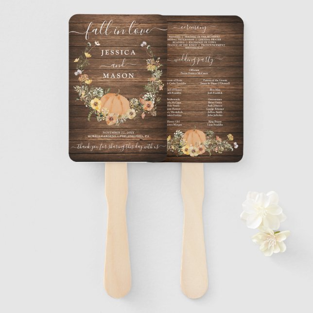 Fall Rustic Floral Harvest Pumpkin Wedding Program Hand Fan (Front and Back)