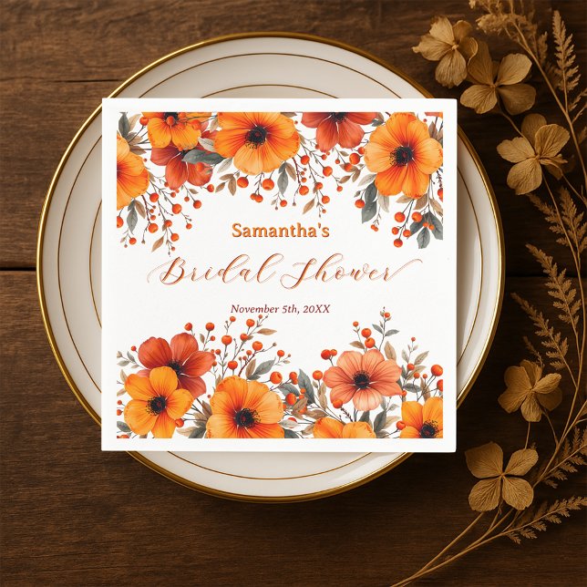 Fall Rustic Orange Floral Berry Bridal Shower Napkin (Creator Uploaded)