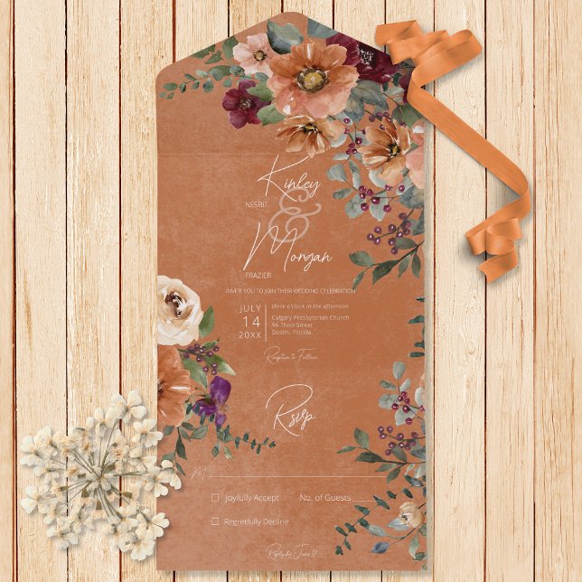 Fall Rustic Rust & Wine Floral Rust No Dinner     All In One Invitation (Also available with a QR code or with dinner selection options.)