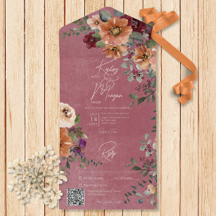 Fall Rustic Rust & Wine Floral Wine QR Code All In One Invitation