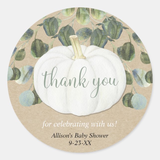 Fall rustic white pumpkins greenery eucalyptus classic round sticker (Front)