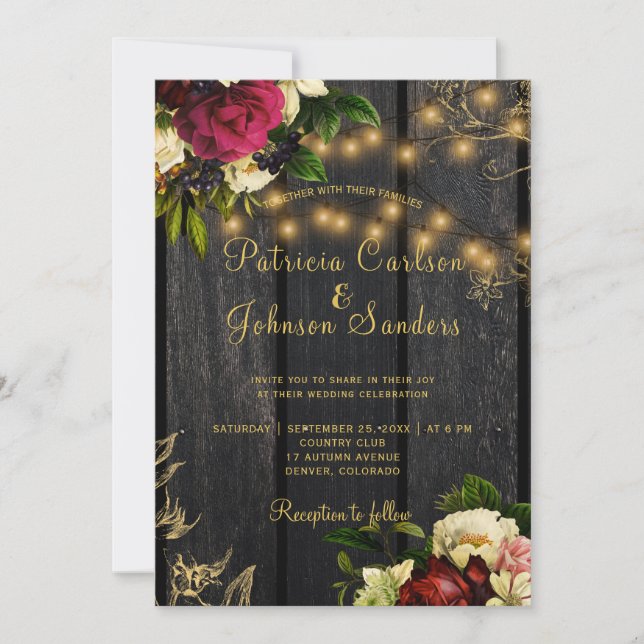 Fall rustic wood and string lights floral wedding invitation (Front)