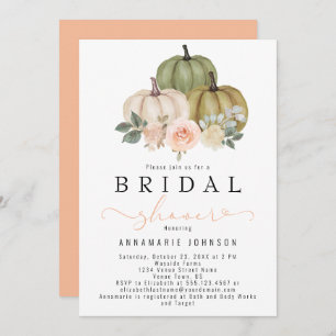 Fall Sage Green and Peach Pumpkin Floral Bridal In Invitation