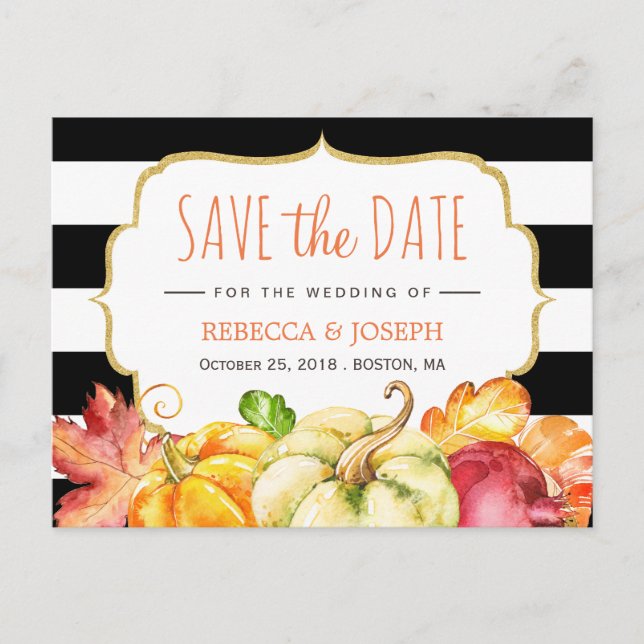 Fall Save the Date - Autumn Pumpkin Maple Leaves Announcement Postcard (Front)