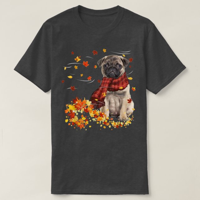 Fall ScarfPug Dog Autumn Falling Leaves  T-Shirt (Design Front)