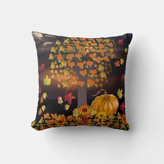 Fall Scene on Front Autumn Leaves Stripes on Back Cushion (Front)