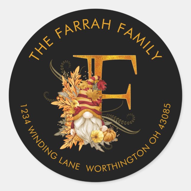 Fall Season Gnome Monogram Letter F Address Label (Front)