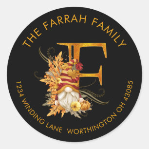 Fall Season Gnome Monogram Letter F Address Label