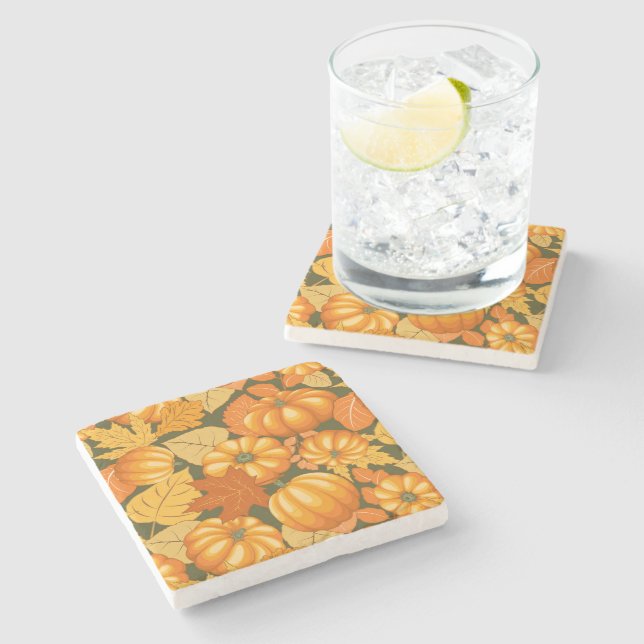 Fall Season Halloween Pumpkins Pattern Stone Coaster (Side)