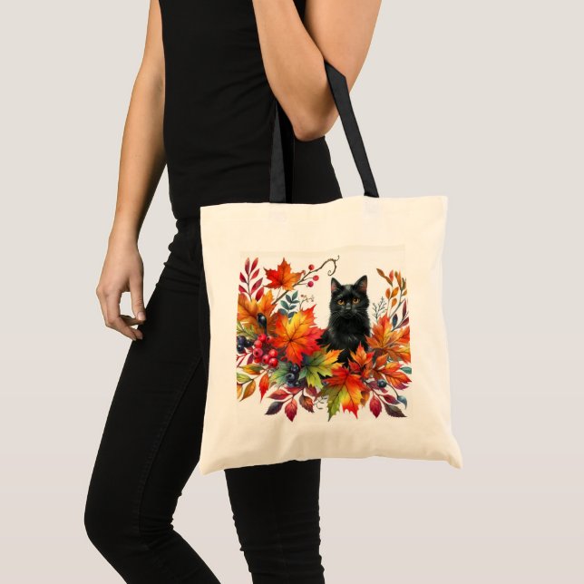 Fall Season Leaves and Black Cat  Tote Bag (Front (Product))