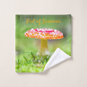 Fall season mushroom photo green red with text bath towel set