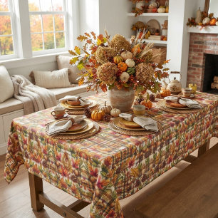 Fall Season Plaid with Autumn Leaves Tablecloth