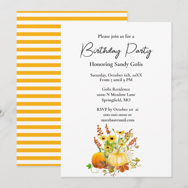 Fall Season Pumpkin Birthday Party  Invitation (Front/Back)