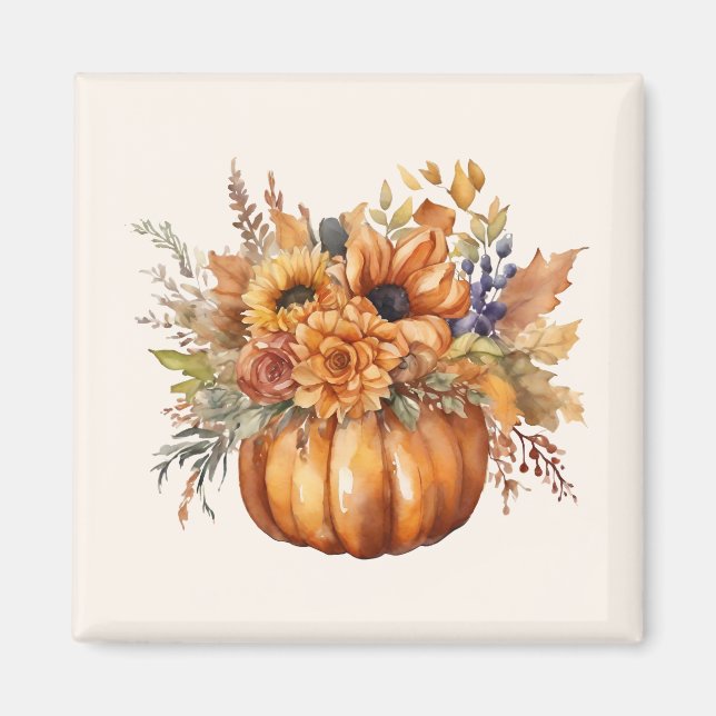 Fall Season- Pumpkin with Flowers- Magnet (Front)